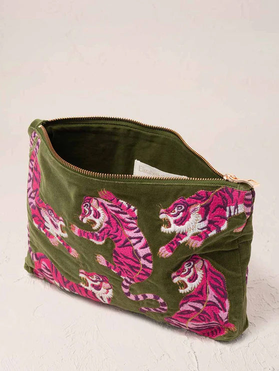 Elizabeth Scarlett Velvet Everyday Pouch - Fern Green Wild Tiger