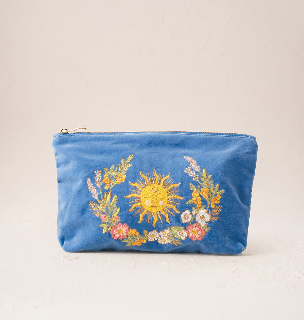 Elizabeth Scarlett Velvet Everyday Pouch - Cornflower Blue Floral Sun Goddess
