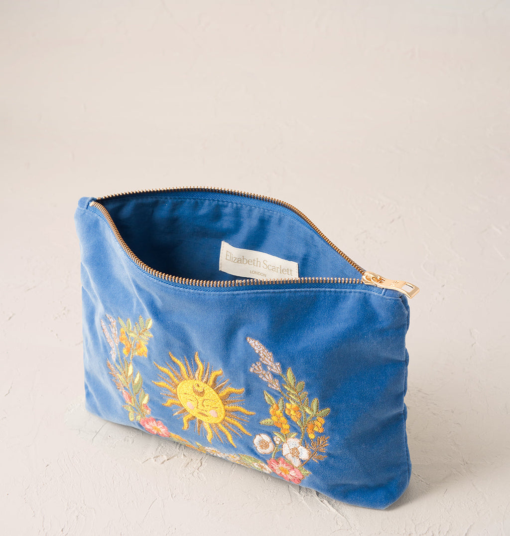 Elizabeth Scarlett Velvet Everyday Pouch - Cornflower Blue Floral Sun Goddess